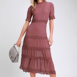 Lulus Dreaming of You Mauve Purple Swiss Dot lace Midi size Small Dress